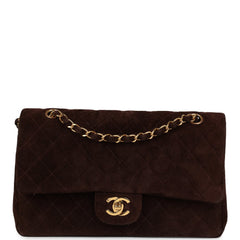 Vintage Chanel Medium Classic Double Flap Bag Brown Suede Gold Hardware
