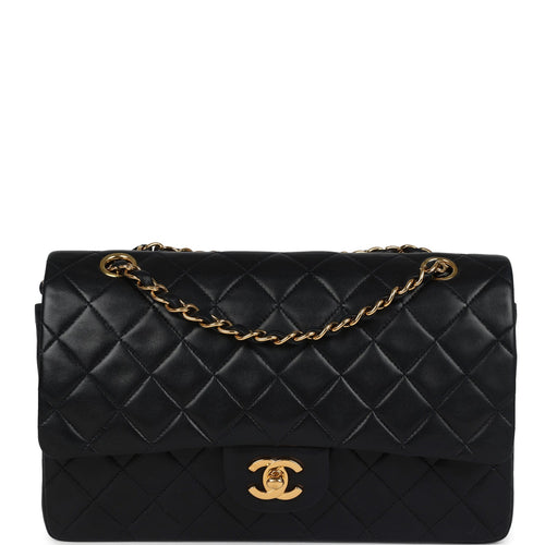 Vintage Chanel Medium Classic Double Flap Bag Black Lambskin Gold Hardware front