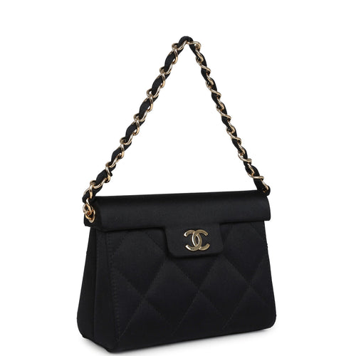 Vintage Chanel Mini Evening Handbag Bag Black Satin Gold Hardware
