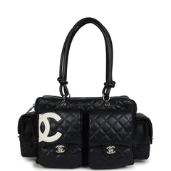 Vintage Chanel Large Cambon Ligne Reporter Bag Black and White Lambskin Silver Hardware