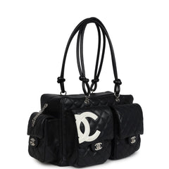 Vintage Chanel Large Cambon Ligne Reporter Bag Black and White Lambskin Silver Hardware