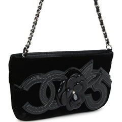 Vintage Chanel No. 5 Camelia Pochette Black Velvet Silver Hardware