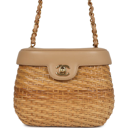 Vintage Chanel Basket Bag Beige Lambskin and Rattan Wicker Gold Hardware