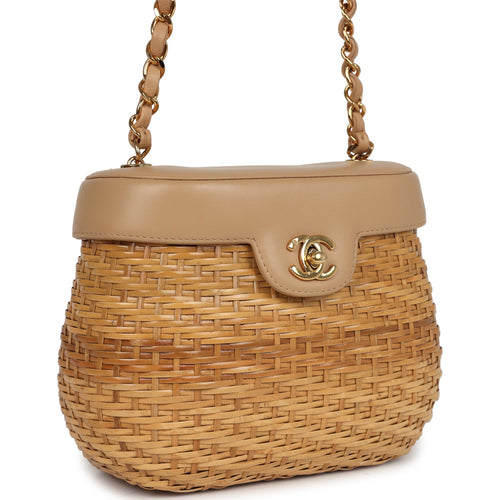 Vintage Chanel Basket Bag Beige Lambskin and Rattan Wicker Gold Hardware