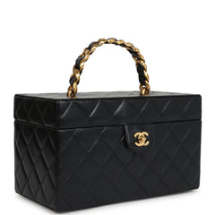 Vintage Chanel Large Rectangular Box Vanity Black Lambskin Gold Hardware
