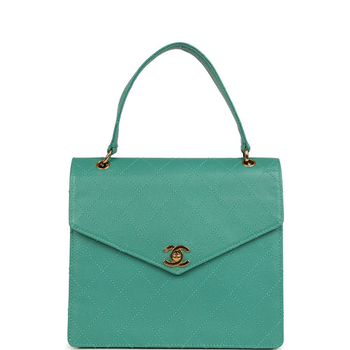 Vintage Chanel Top Handle Envelope Flap Bag Turquoise Caviar Gold Hardware