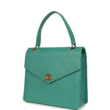 Vintage Chanel Top Handle Envelope Flap Bag Turquoise Caviar Gold Hardware