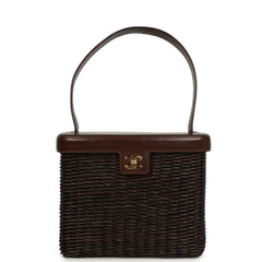 Vintage Chanel Wicker Picnic Basket Handbag Dark Brown Lambskin and Wicker Gold Hardware