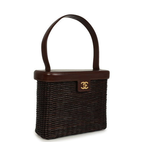 Vintage Chanel Wicker Picnic Basket Handbag Dark Brown Lambskin and Wicker Gold Hardware
