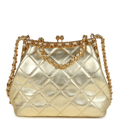 Vintage Chanel Kiss Lock Frame Shoulder Bag Gold Metallic Lambskin Gold Hardware