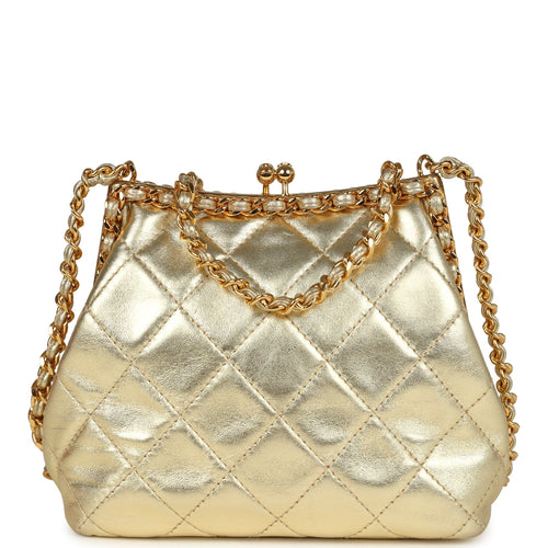 Vintage Chanel Kiss Lock Frame Shoulder Bag Gold Metallic Lambskin Gold Hardware
