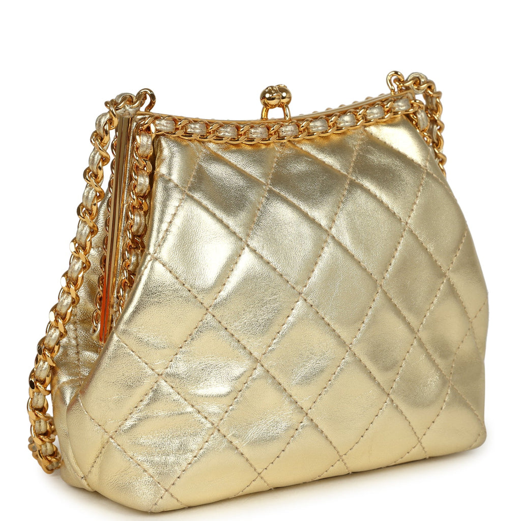 Vintage Chanel Kiss Lock Frame Shoulder Bag Gold Metallic Lambskin Gol