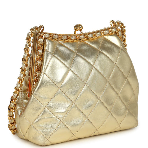 Vintage Chanel Kiss Lock Frame Shoulder Bag Gold Metallic Lambskin Gold Hardware