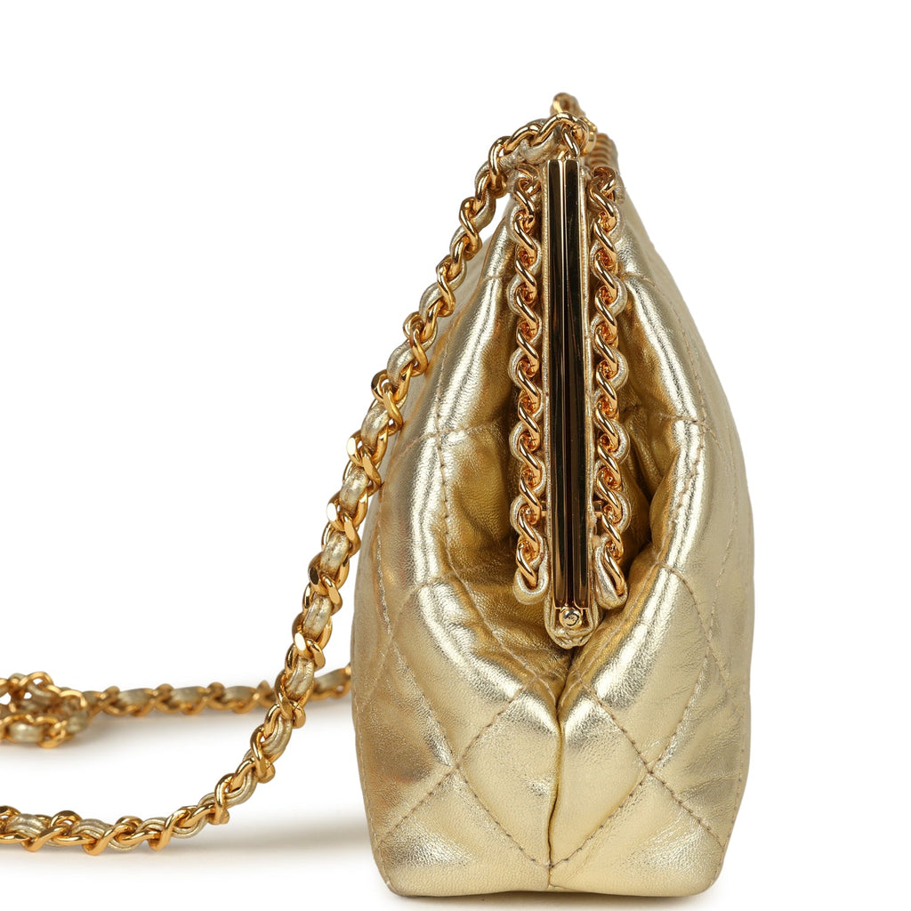 Vintage Chanel Kiss Lock Frame Shoulder Bag Gold Metallic Lambskin Gol