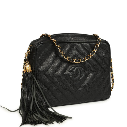Vintage Chanel Small Diamond Quilted Camera Bag Black Caviar Gold Hardware