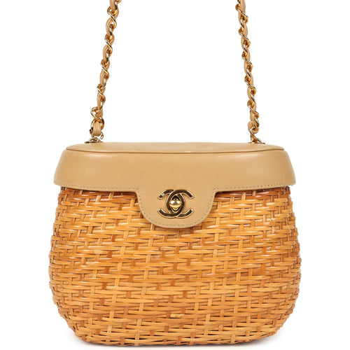 Vintage Chanel Basket Bag Beige Lambskin and Rattan Wicker Gold Hardware