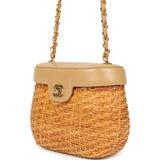 Vintage Chanel Basket Bag Beige Lambskin and Rattan Wicker Gold Hardware