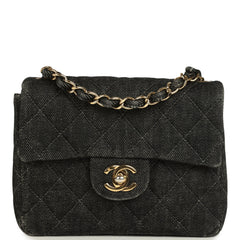 Vintage Chanel Mini Square Flap Bag Black Denim Gold Hardware