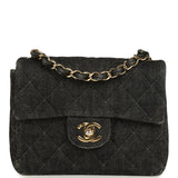 Vintage Chanel Mini Square Flap Bag Black Denim Gold Hardware