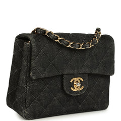 Vintage Chanel Mini Square Flap Bag Black Denim Gold Hardware