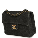 Vintage Chanel Mini Square Flap Bag Black Denim Gold Hardware