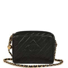 Vintage Chanel Mini Diagonal Quilted Camera Bag Black Caviar Gold Hardware