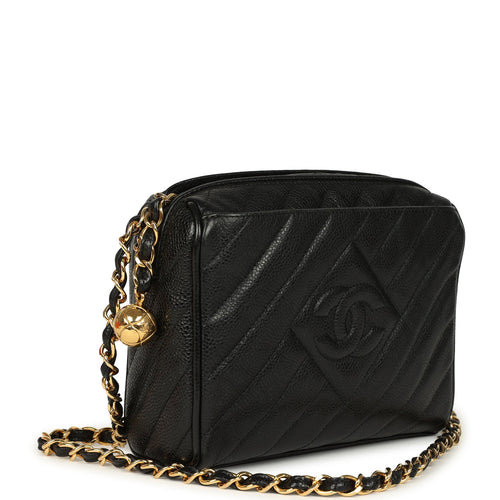Vintage Chanel Mini Diagonal Quilted Camera Bag Black Caviar Gold Hardware
