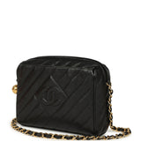 Vintage Chanel Mini Diagonal Quilted Camera Bag Black Caviar Gold Hardware