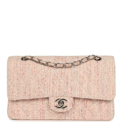 Vintage Chanel Medium Classic Double Flap Bag Light Pink and White Tweed Silver Hardware