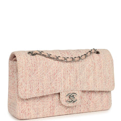 Vintage Chanel Medium Classic Double Flap Bag Light Pink and White Tweed Silver Hardware