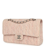 Vintage Chanel Medium Classic Double Flap Bag Light Pink and White Tweed Silver Hardware