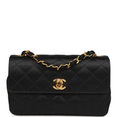 Vintage Chanel Mini Rectangular Flap Bag Black Satin Gold Hardware