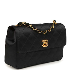 Vintage Chanel Mini Rectangular Flap Bag Black Satin Gold Hardware