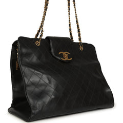 Vintage Chanel XL Supermodel Tote Bag Black Calfskin Gold Hardware