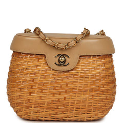 Vintage Chanel Basket Bag Beige Lambskin and Rattan Wicker Gold Hardware