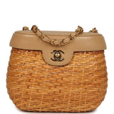 Vintage Chanel Basket Bag Beige Lambskin and Rattan Wicker Gold Hardware - Thumbnail View 1