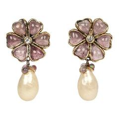 Vintage Chanel Gripoix Flower and Pearl Drop Earrings Purple Gold Plated Hardware