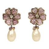 Vintage Chanel Gripoix Flower and Pearl Drop Earrings Purple Gold Plated Hardware - Thumbnail View 1