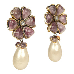 Vintage Chanel Gripoix Flower and Pearl Drop Earrings Purple Gold Plated Hardware