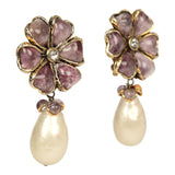 Vintage Chanel Gripoix Flower and Pearl Drop Earrings Purple Gold Plated Hardware - Thumbnail View 2