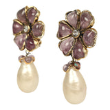 Vintage Chanel Gripoix Flower and Pearl Drop Earrings Purple Gold Plated Hardware - Thumbnail View 4