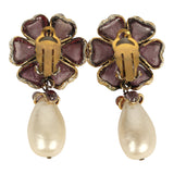 Vintage Chanel Gripoix Flower and Pearl Drop Earrings Purple Gold Plated Hardware - Thumbnail View 3