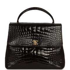 Vintage Chanel Large Kelly Dark Brown Shiny Alligator Gold Hardware