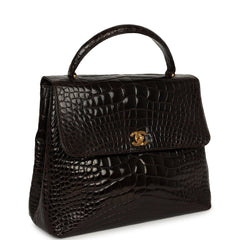 Vintage Chanel Large Kelly Dark Brown Shiny Alligator Gold Hardware