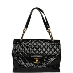Vintage Chanel Maxi Single Flap Bag Black Patent Gold Hardware
