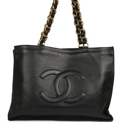 Vintage Chanel CC Chain Shopping Tote Bag Black Lambskin Gold Hardware