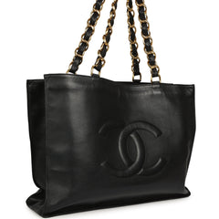 Vintage Chanel CC Chain Shopping Tote Bag Black Lambskin Gold Hardware