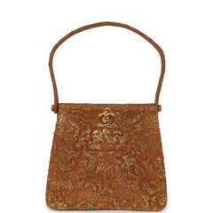 Vintage Chanel Mini Double Side Turnlock Bag Dark Gold Jacquard Lace, Satin Gold Hardware