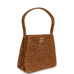 Vintage Chanel Mini Double Side Turnlock Bag Dark Gold Jacquard Lace, Satin Gold Hardware