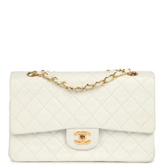 Vintage Chanel Medium Classic Double Flap Bag White Lambskin Gold Hardware